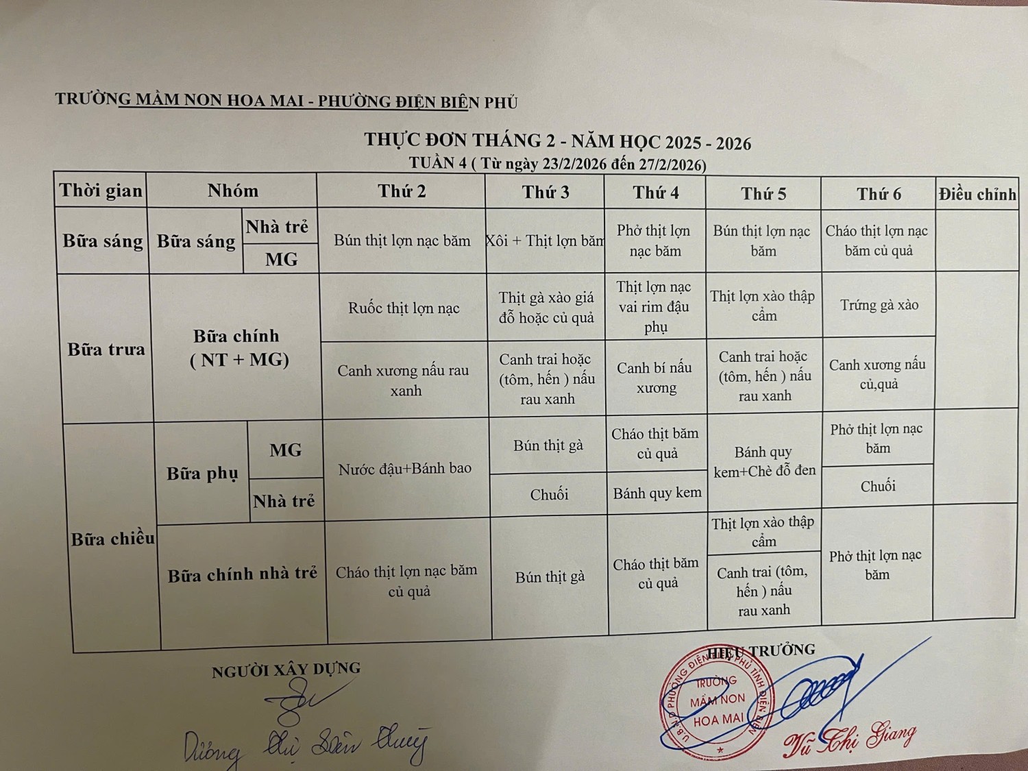 Thực đơn tuần 4 tháng 22026