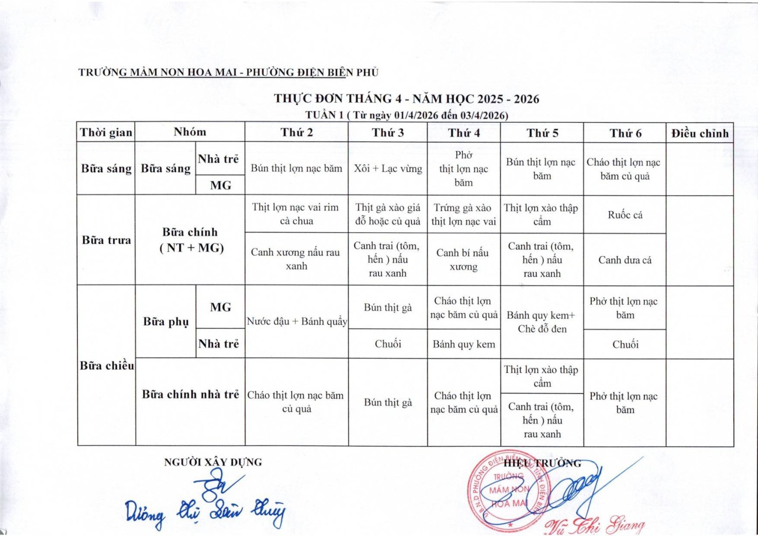 Thực đơn tuần 1 tháng 4 2026
